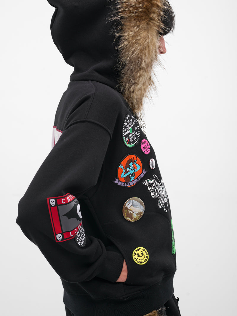 Black Fur Trim Patch Hoodie (5264-FUZ-BLACK-MULTI)