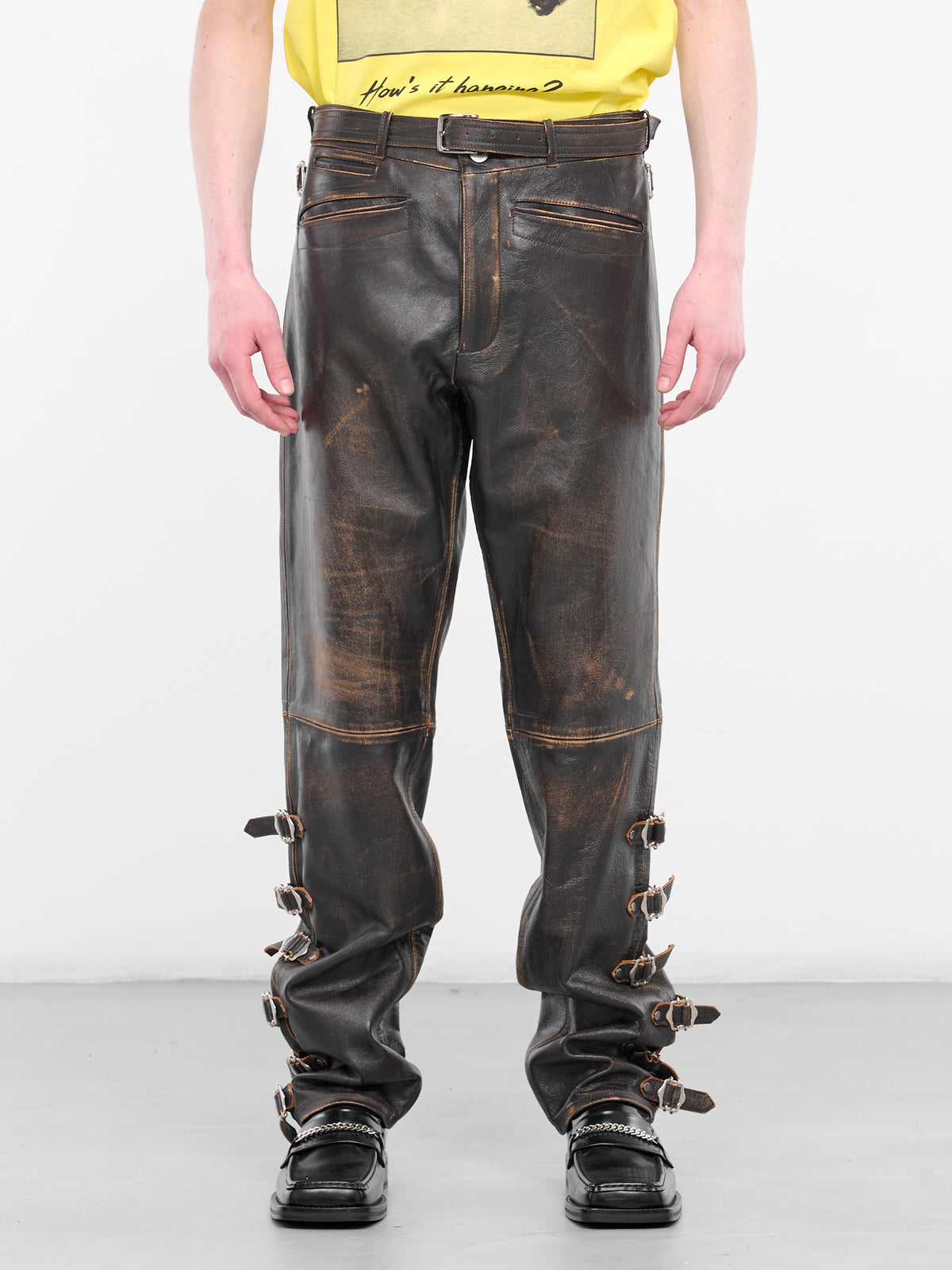 Leather Buckle Trousers (527-BROWN-SUNBLEACH)
