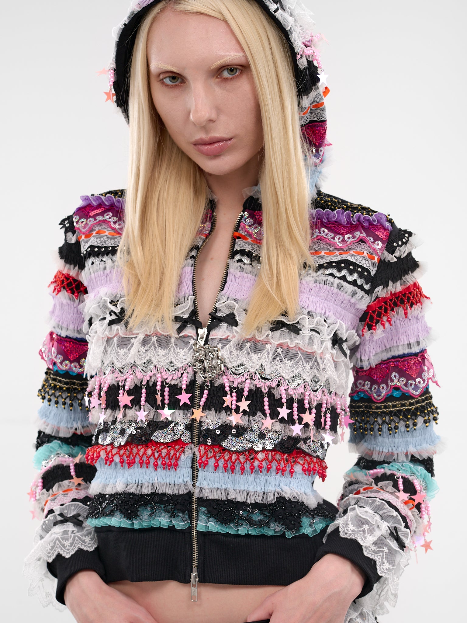 Starbrites Ruffled Patchwork Zip Hoodie (5290-STARBRITES-BLACK-MULTI)