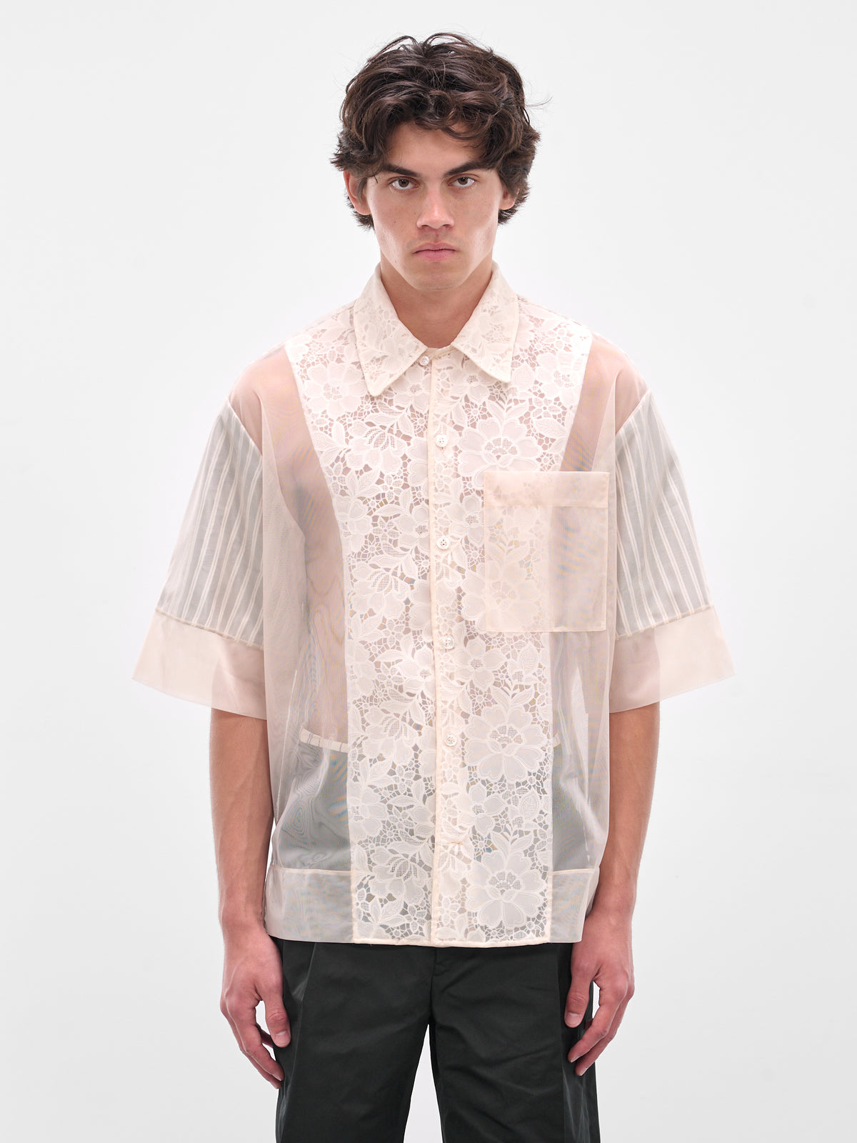 Pink Trapped Lace Patchwork Shirt (5389-1277-NUDE-WHITE)