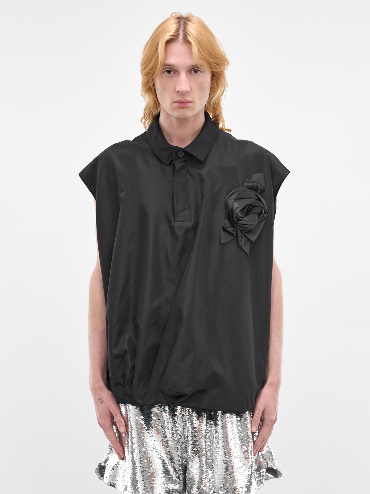 Black Pressed Rosette Sleeveless Shirt (5403R1-0469-BLACK-BLACK)