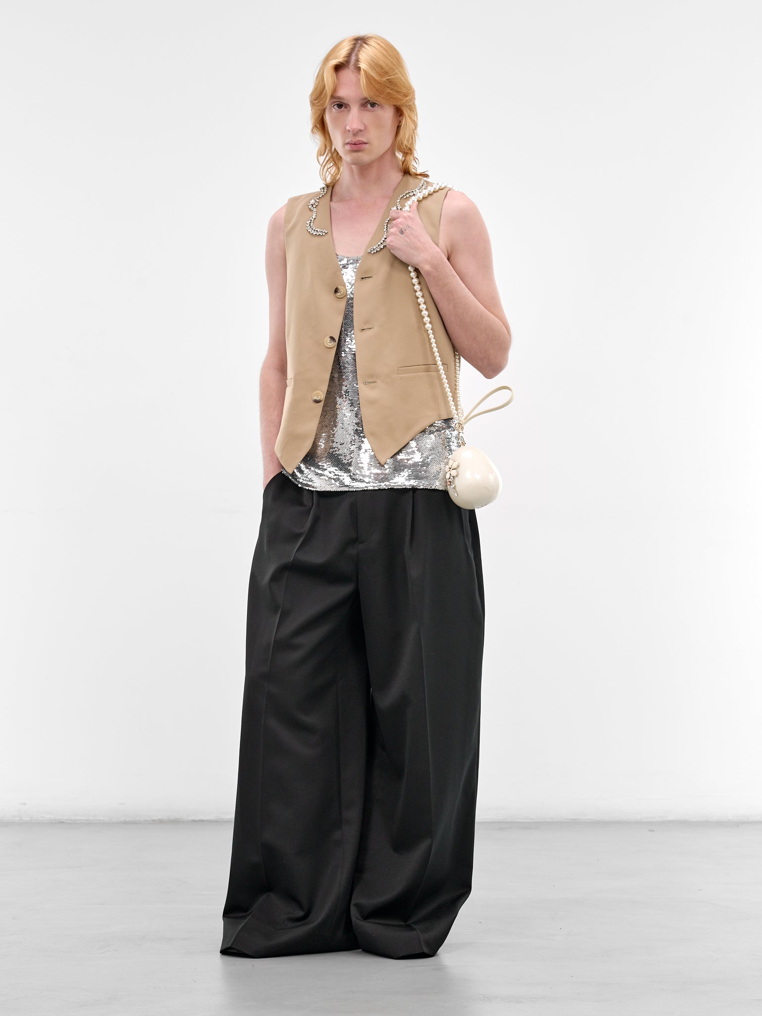 Beige Wool Tailored Bead Waistcoat (5441B-1217-SAND-PEARL-CLEAR)