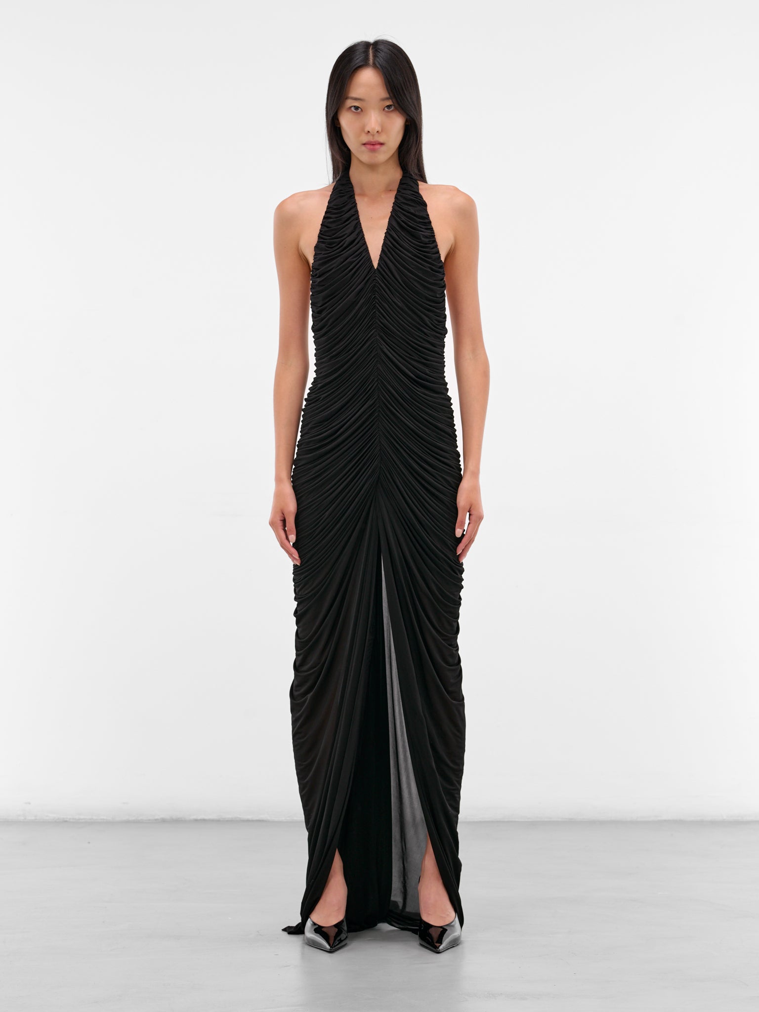 Black Ruched Halter Maxi Dress (552-T07-BLACK)