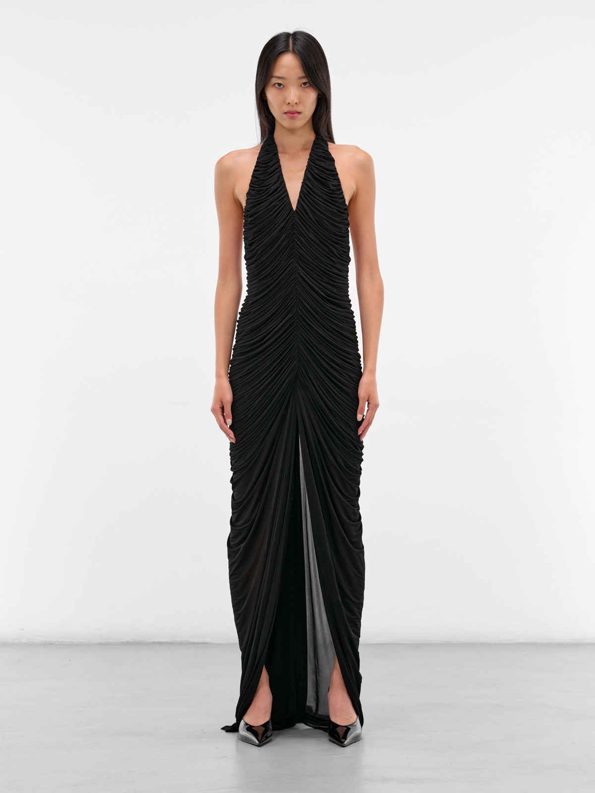 Black Ruched Halter Maxi Dress (552-T07-BLACK)