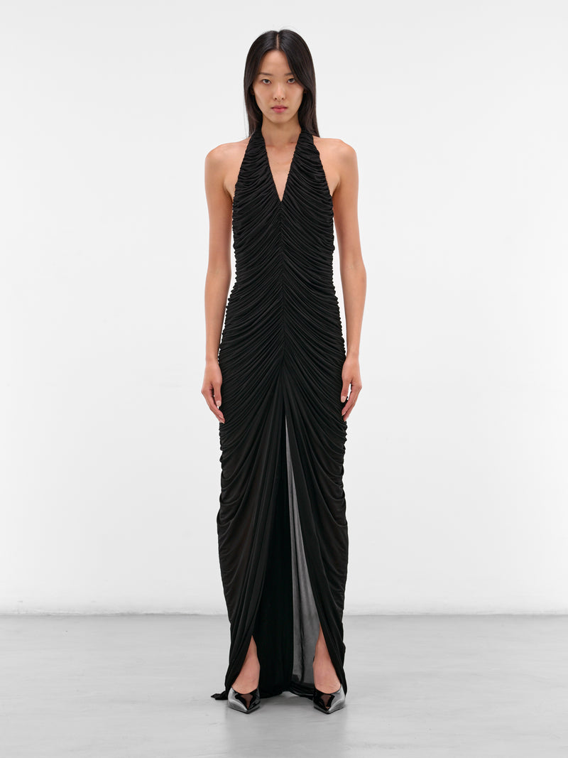 Black Ruched Halter Maxi Dress (552-T07-BLACK)