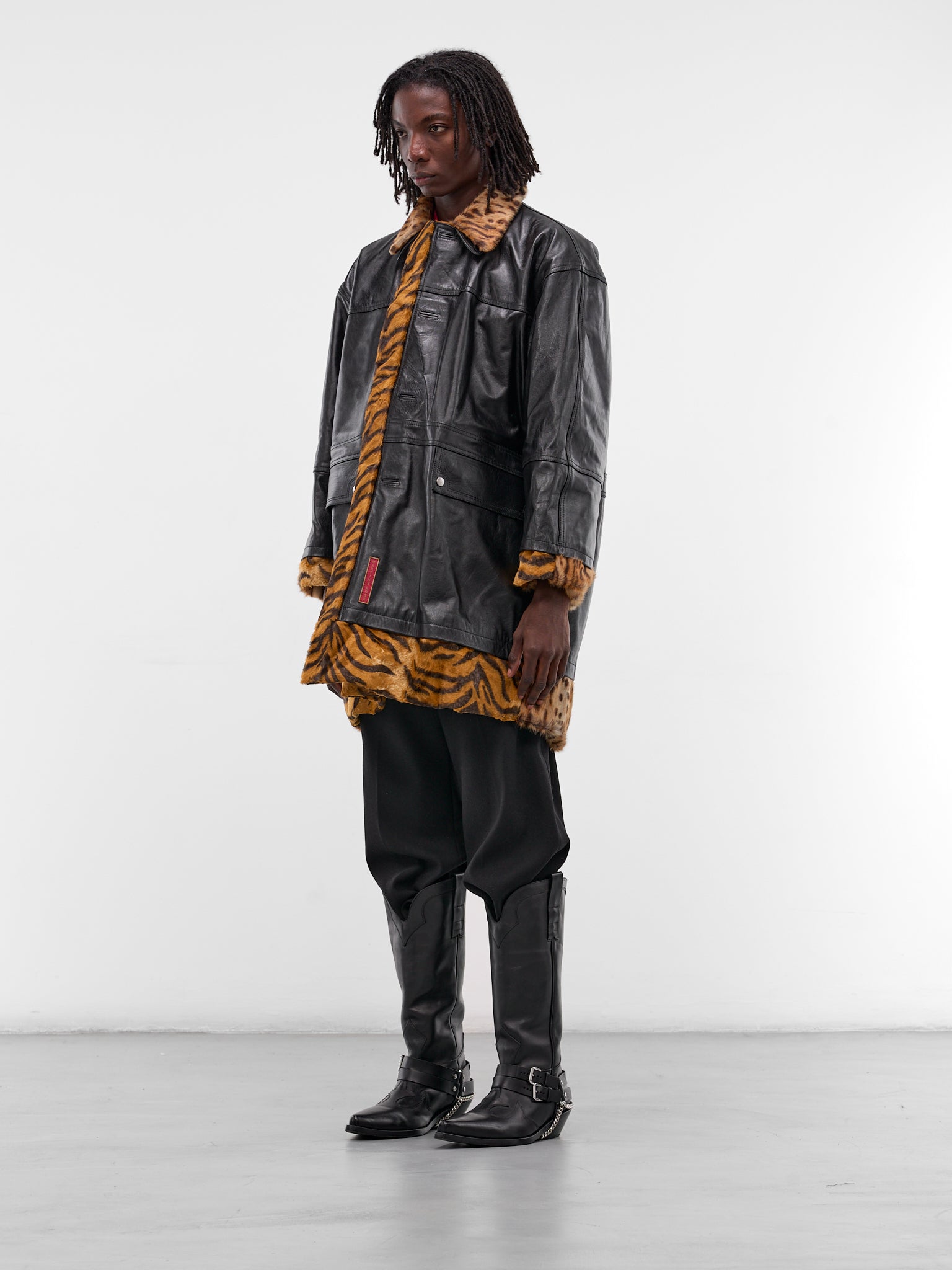 Reversible Tiger Stripe Leather Coat (567LP18001-BLACK)