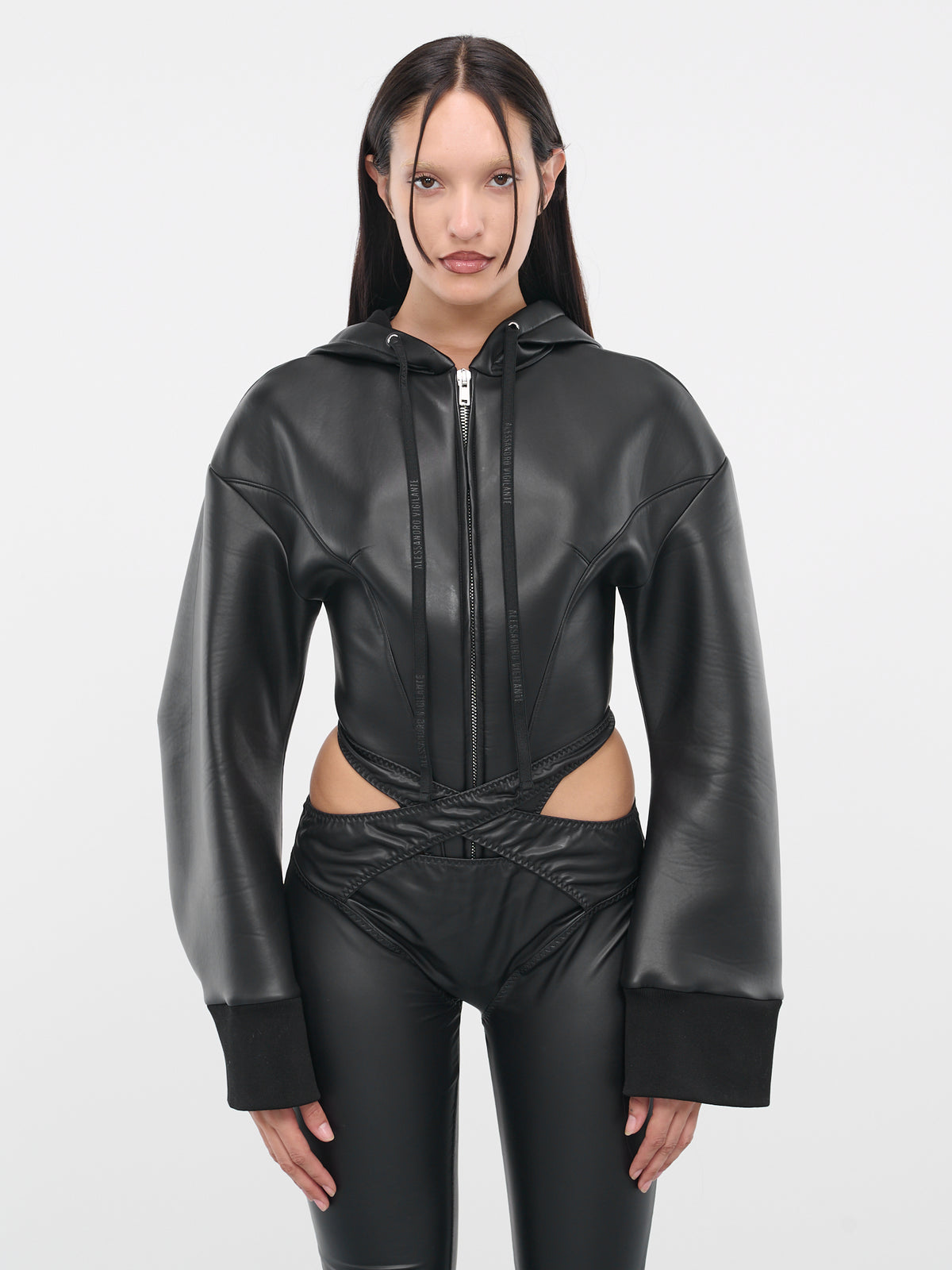 Faux-Leather Hoodie Bodysuit (59014A-VXE033-001-BLACK)