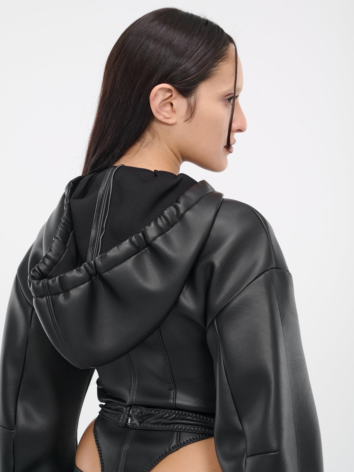 Faux-Leather Hoodie Bodysuit (59014A-VXE033-001-BLACK)