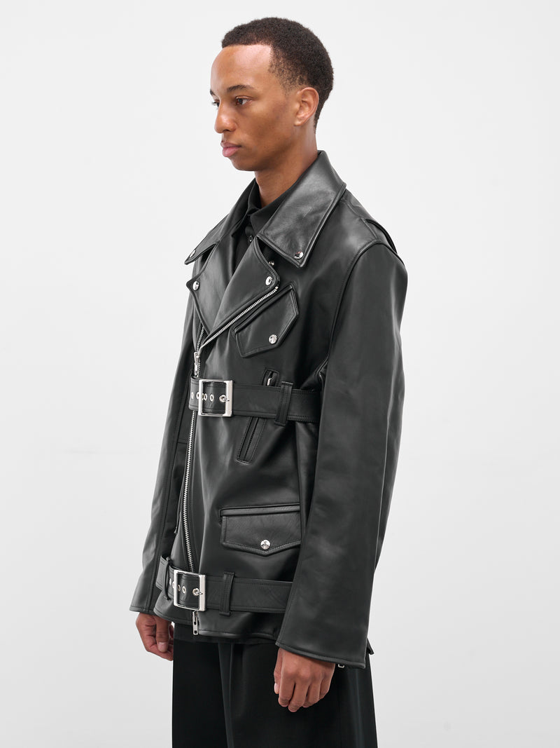 Black Leather Belted Biker Jacket (6124-0457-BLACK)