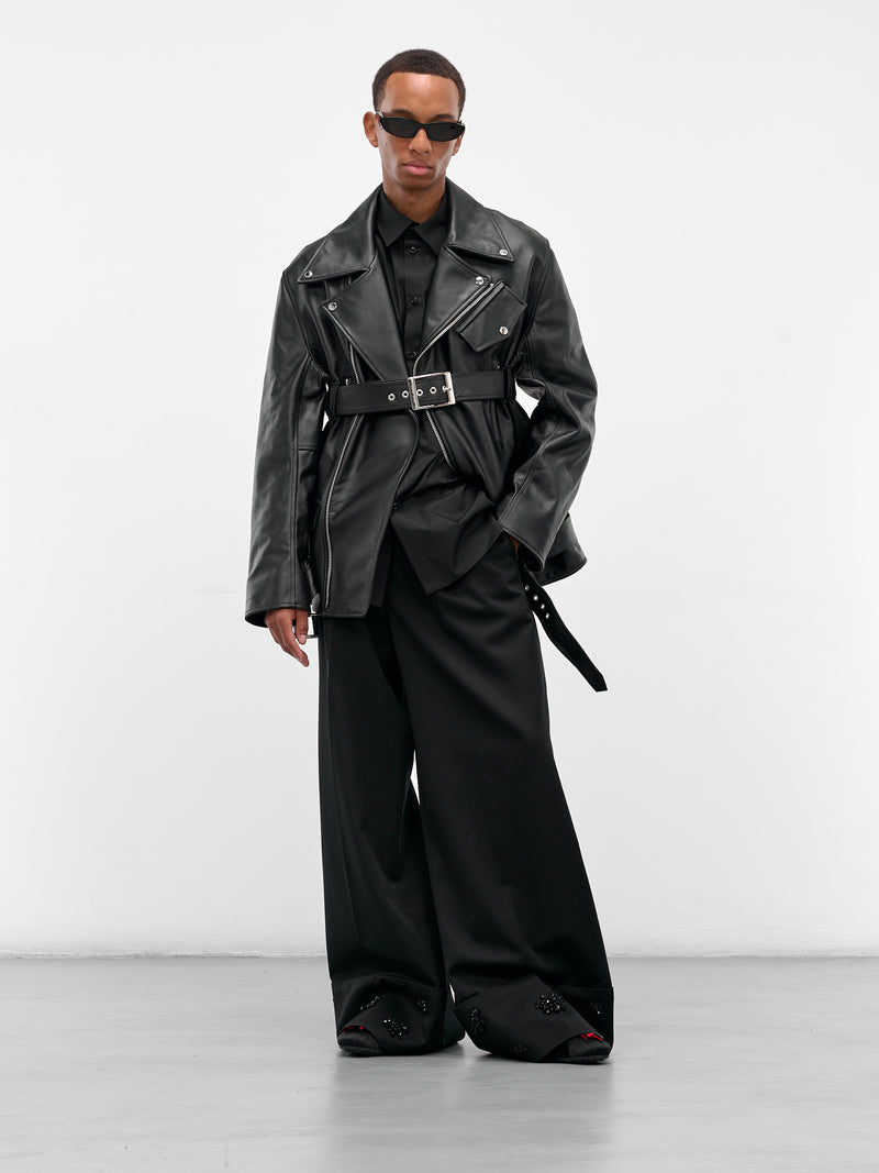 Black Leather Belted Biker Jacket (6124-0457-BLACK)