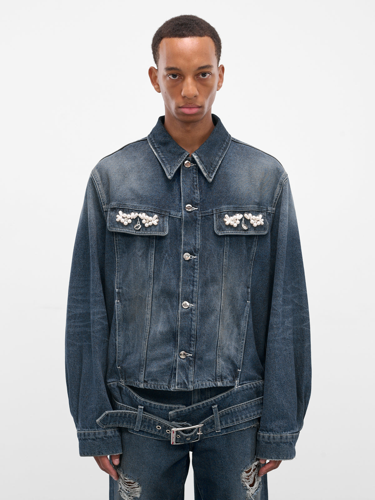Blue Embroidered Belted Denim Jacket (6129B-1231D-BLUE-PEARL)