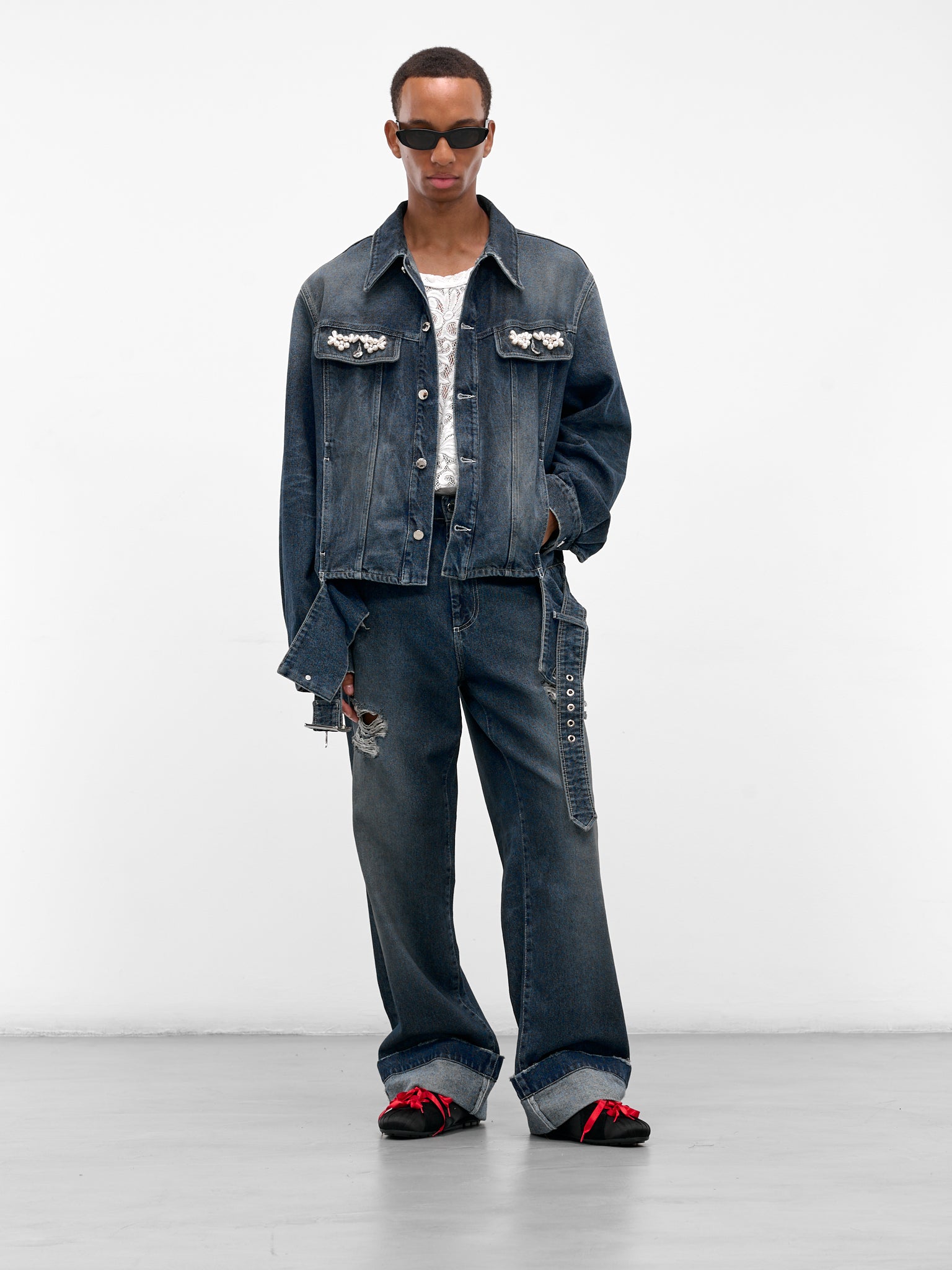 Blue Distressed Denim Straight Jeans (4161B-1231D-BLUE-PEARL-CLEAR)