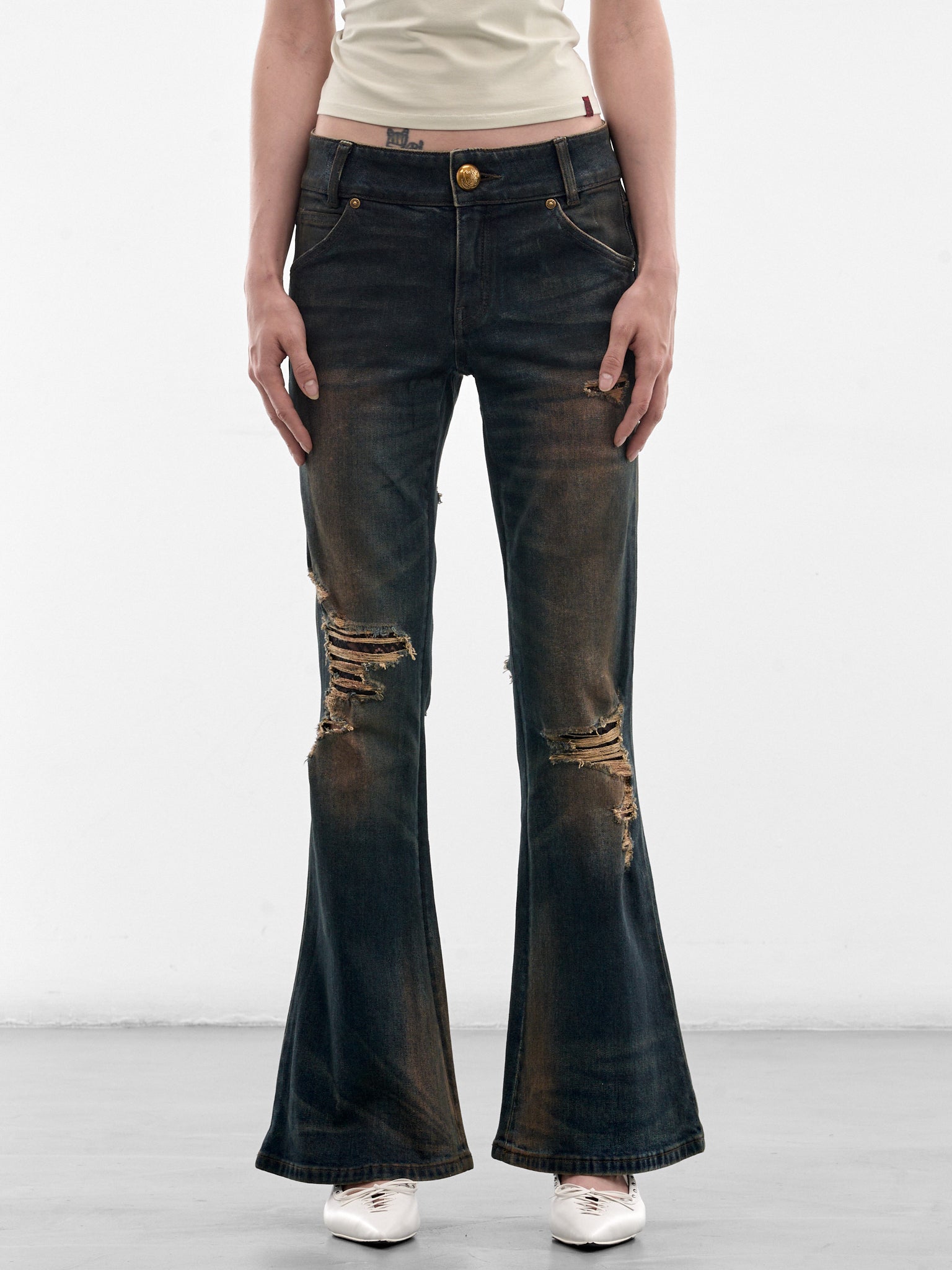 Dark Denim Distressed Flare Jeans (6M1JJ4260A-DARK-BLUE)