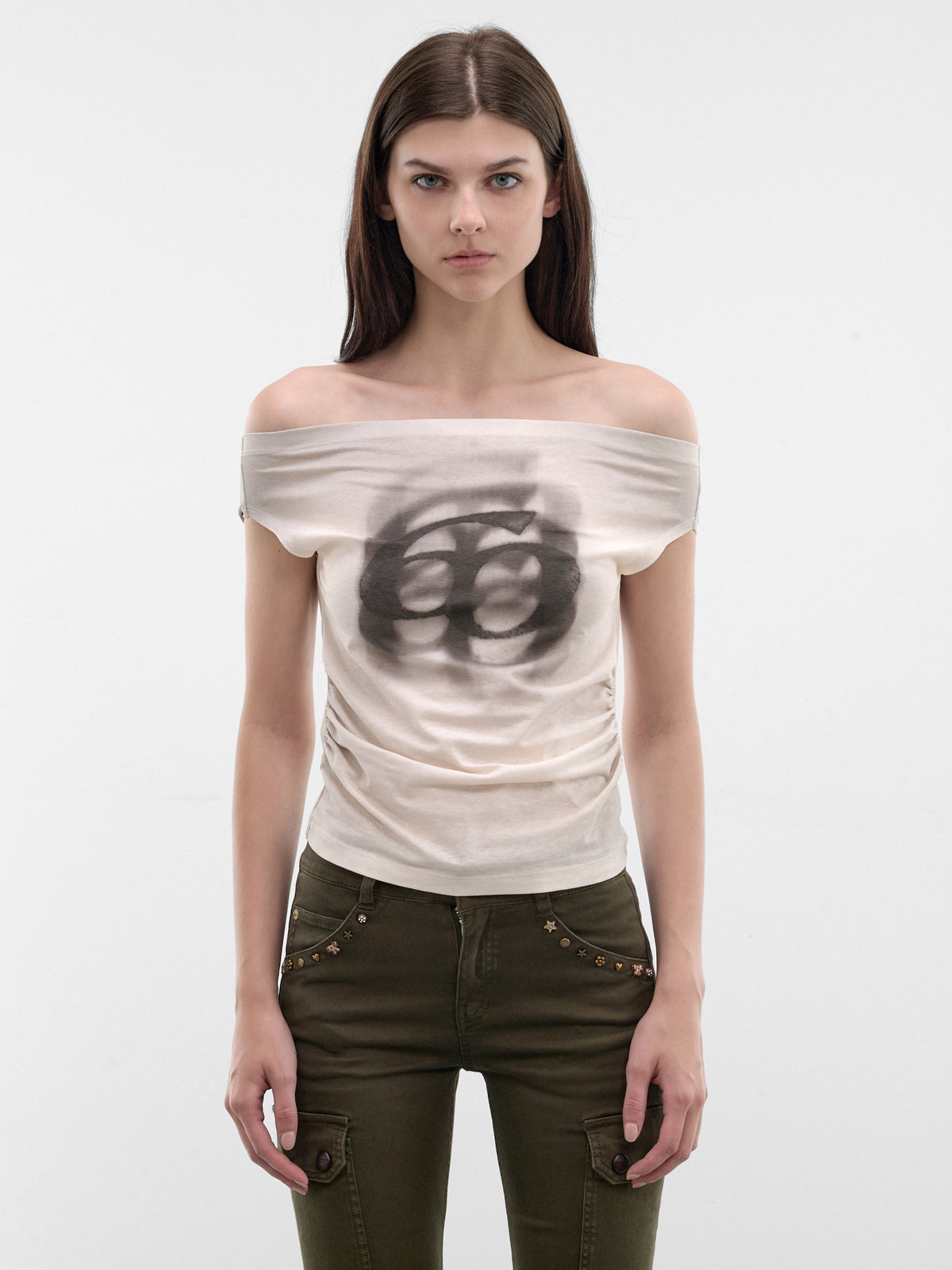 Khaki Off-Shoulder Logo Tee (6M2SJ46200-VINTAGE-KHAKI)