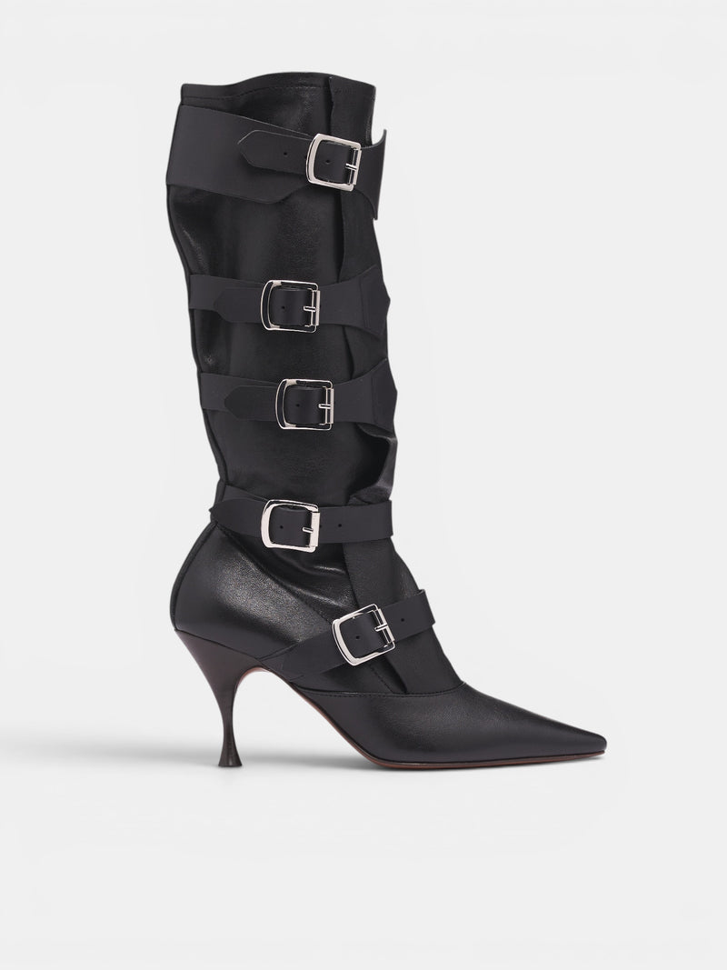 Black Leather Buckled Treasure Boots (71020048W-C009S-BLACK)