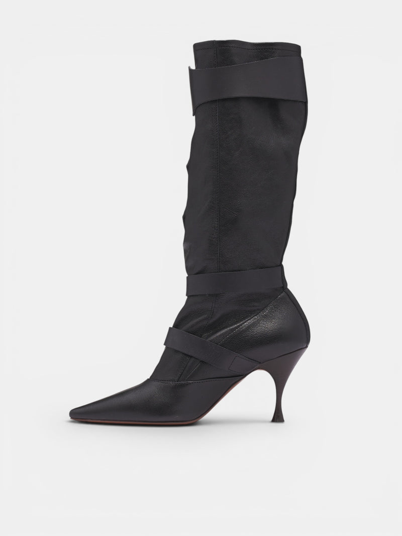 Black Leather Buckled Treasure Boots (71020048W-C009S-BLACK)