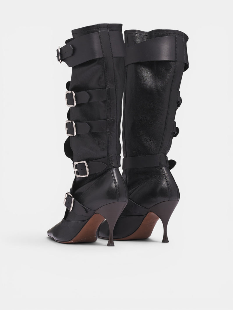 Black Leather Buckled Treasure Boots (71020048W-C009S-BLACK)