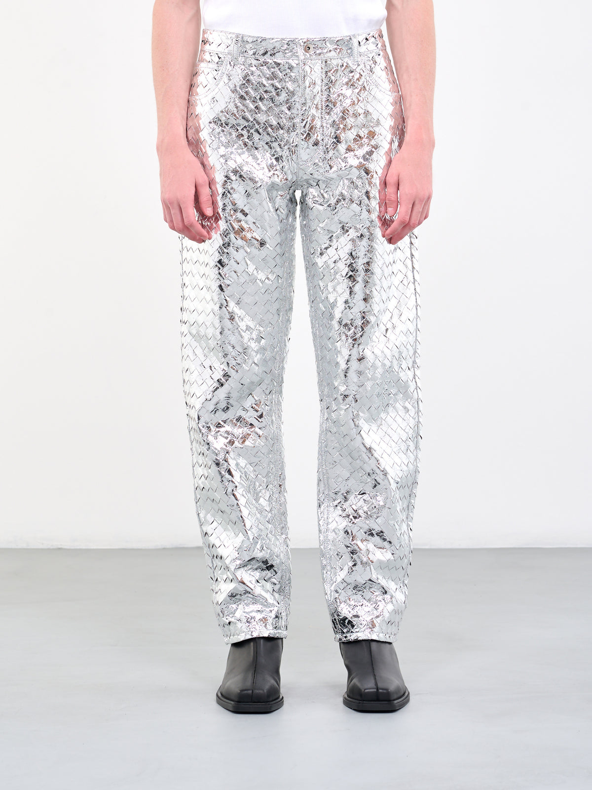 BOTTEGA VENETA Intreccio Laminated Leather Pants | H. Lorenzo - front