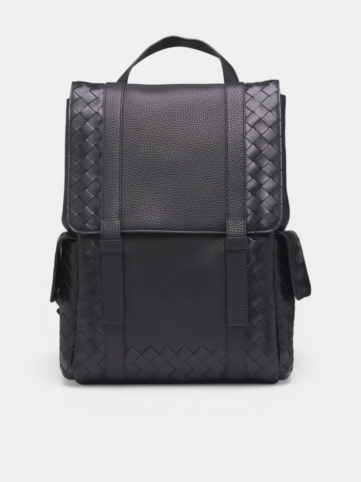 Black Intrecciato Leather Backpack (805971V4FW2-8803-BLACK-SILVER)