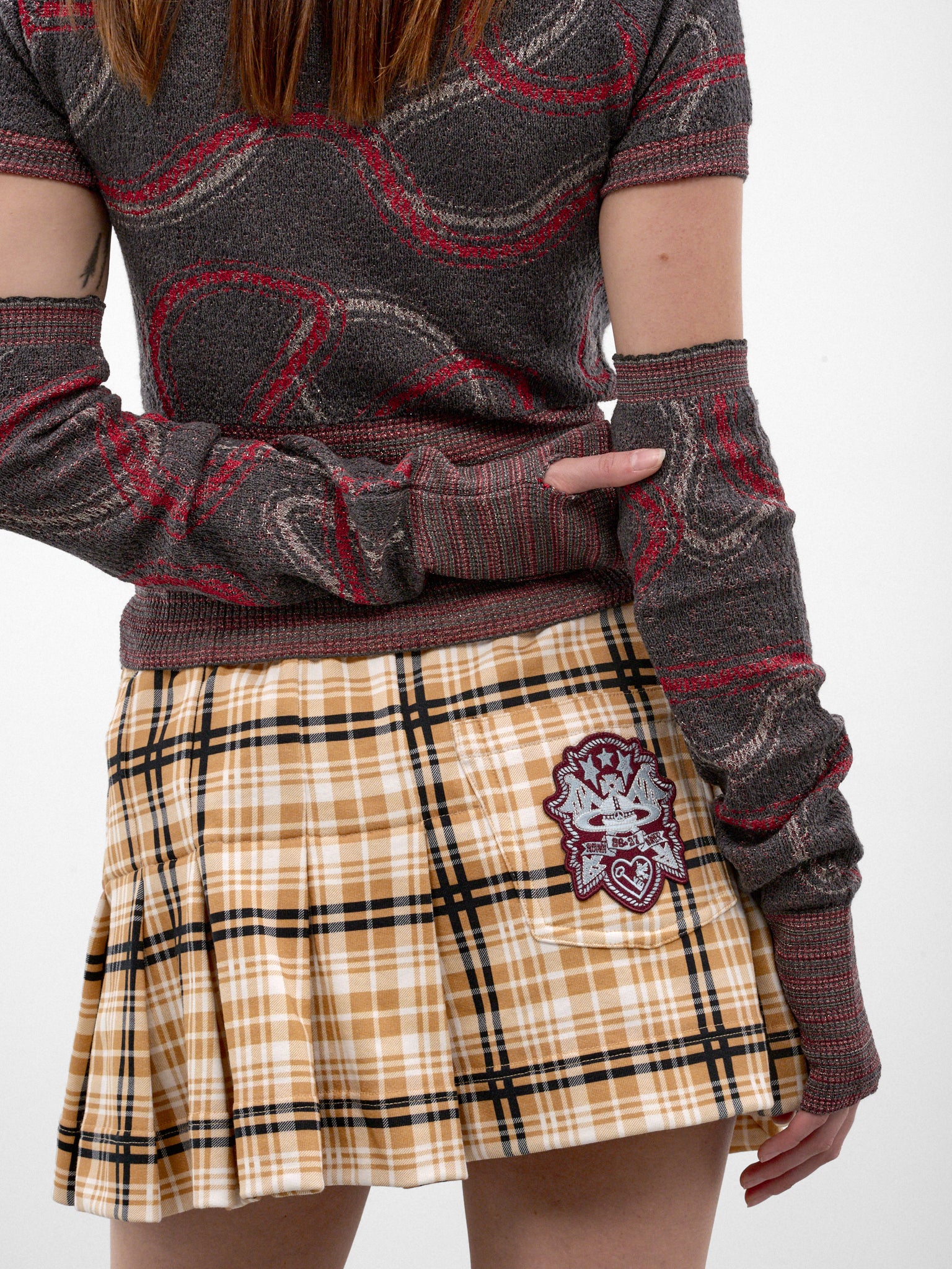 Gray Fingerless Squiggle Long Gloves (8109000U-C00AE-GREY-STONE-RED)