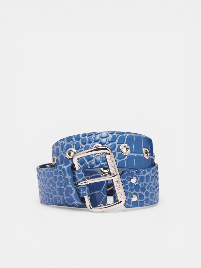 Blue Croc-Embossed Leather Belt (8201007XU-L0098-BLUE)