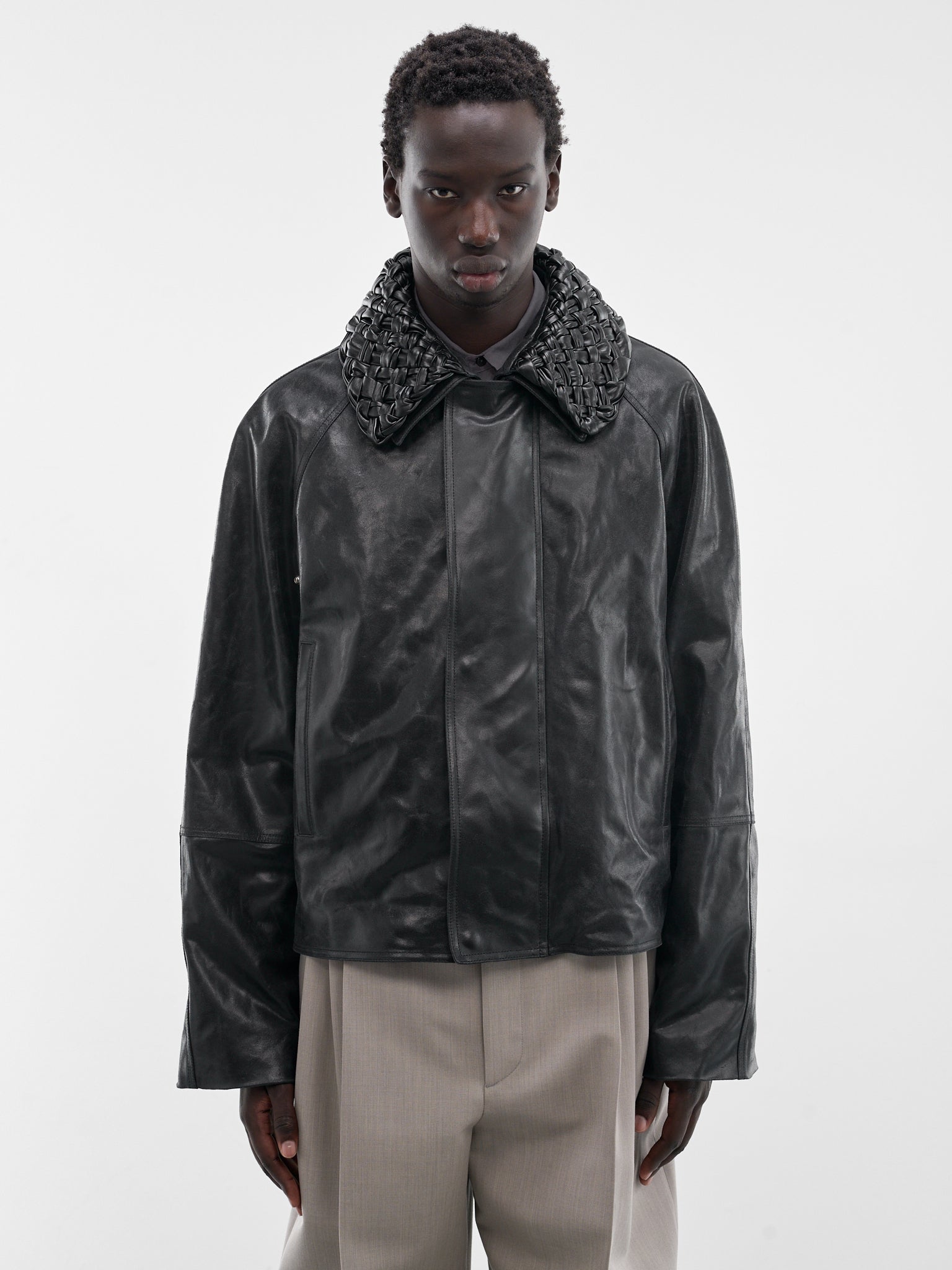 Black Leather Intrecciato Collar Jacket (852568V60Y0-1010-BLACK)
