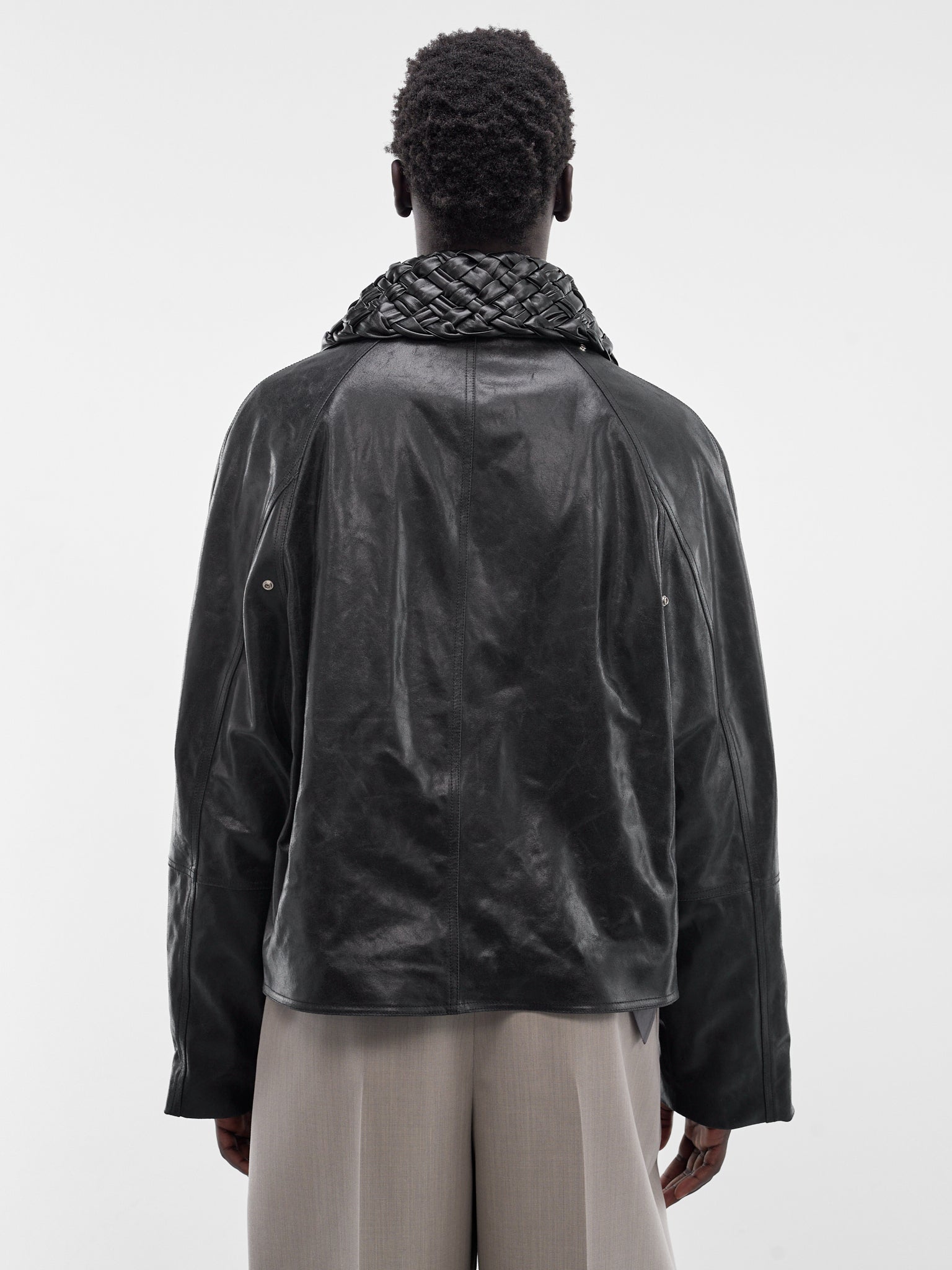 Black Leather Intrecciato Collar Jacket (852568V60Y0-1010-BLACK)