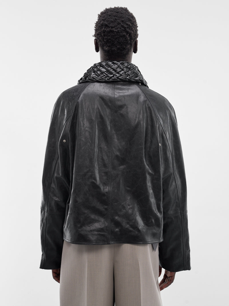 Black Leather Intrecciato Collar Jacket (852568V60Y0-1010-BLACK)