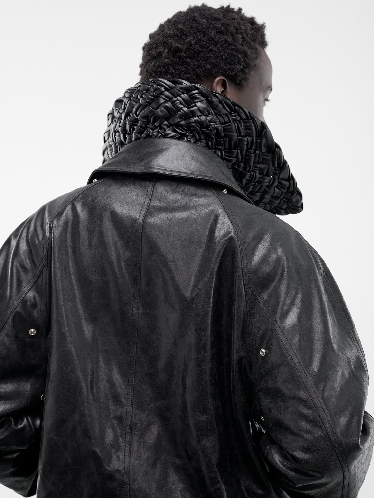 Black Leather Intrecciato Collar Jacket (852568V60Y0-1010-BLACK)