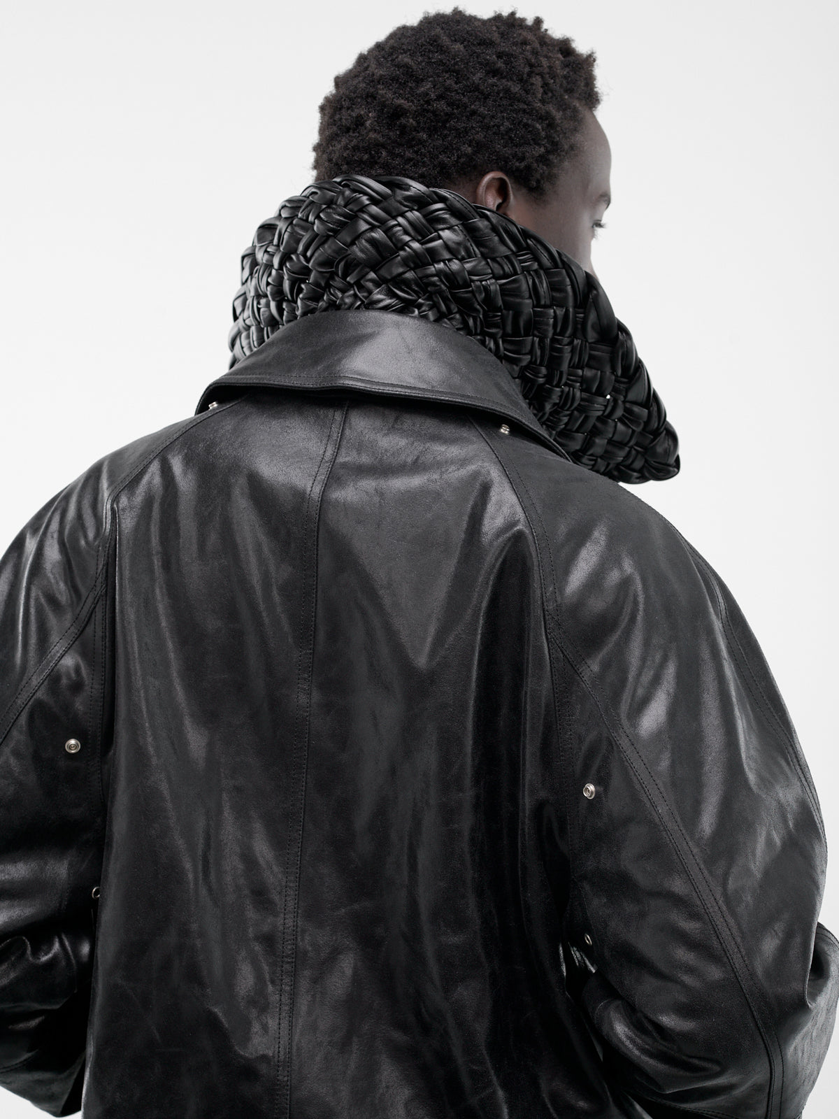 Black Leather Intrecciato Collar Jacket (852568V60Y0-1010-BLACK)
