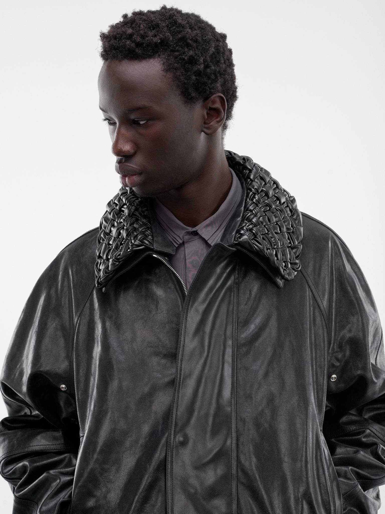 Black Leather Intrecciato Collar Jacket (852568V60Y0-1010-BLACK)