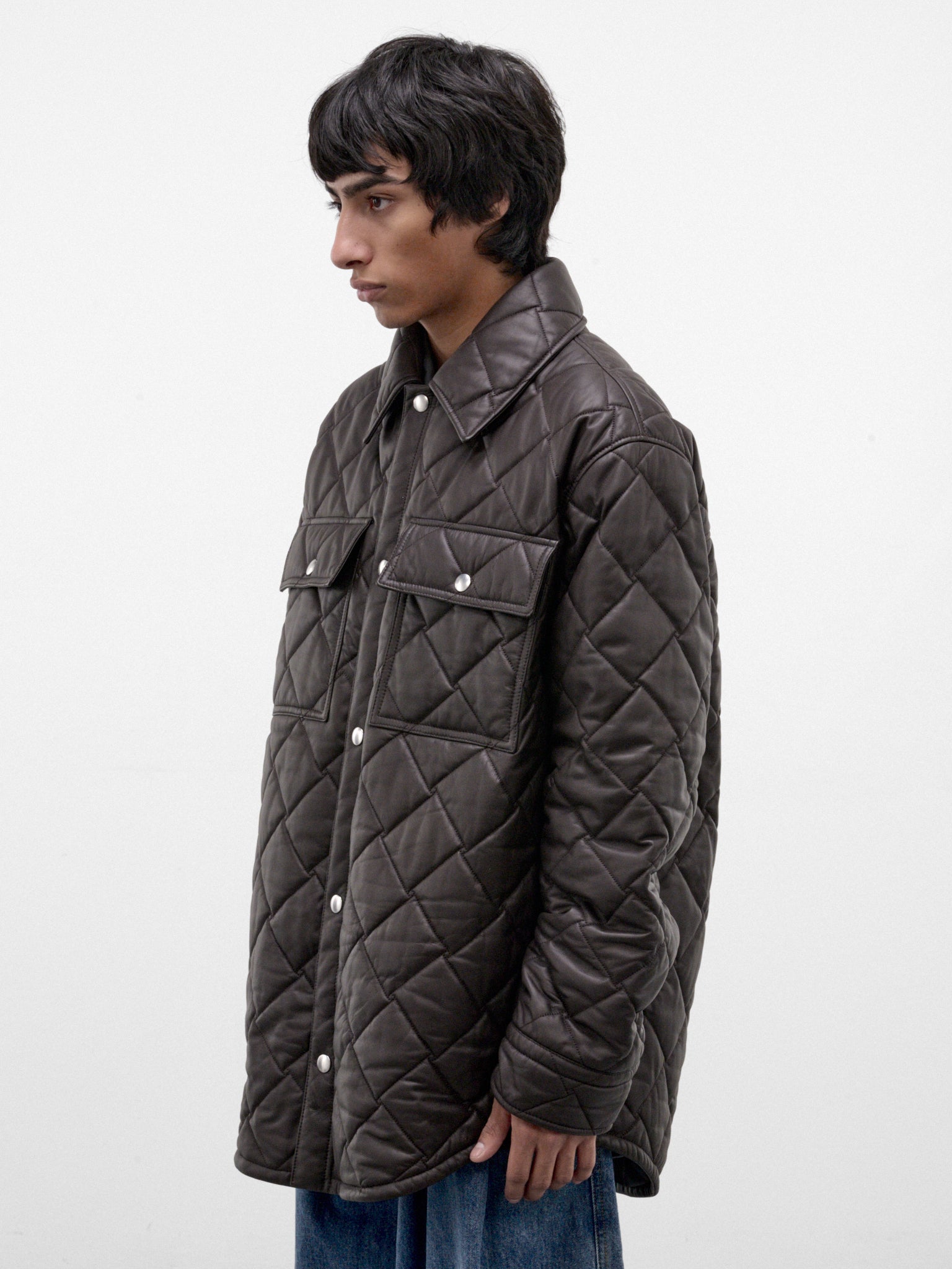 Brown Leather Quilted Shirt JAcket (853935V6FD0-2135-BROWN)