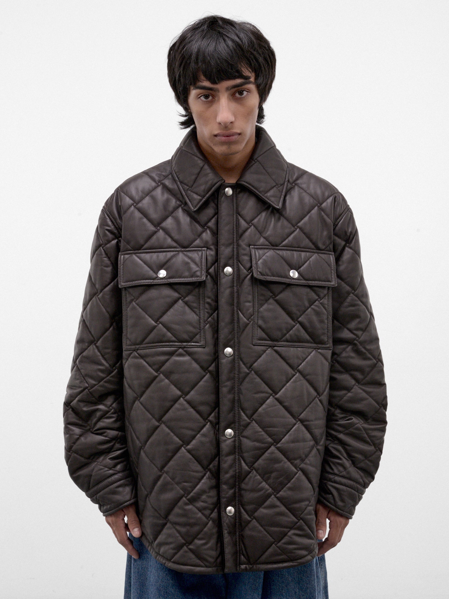 Brown Leather Quilted Shirt JAcket (853935V6FD0-2135-BROWN)
