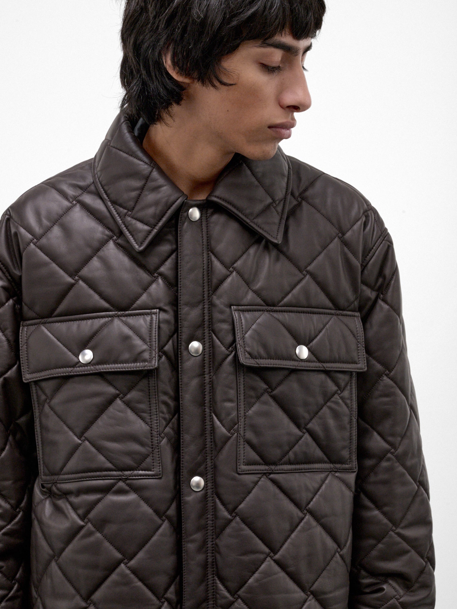 Brown Leather Quilted Shirt JAcket (853935V6FD0-2135-BROWN)