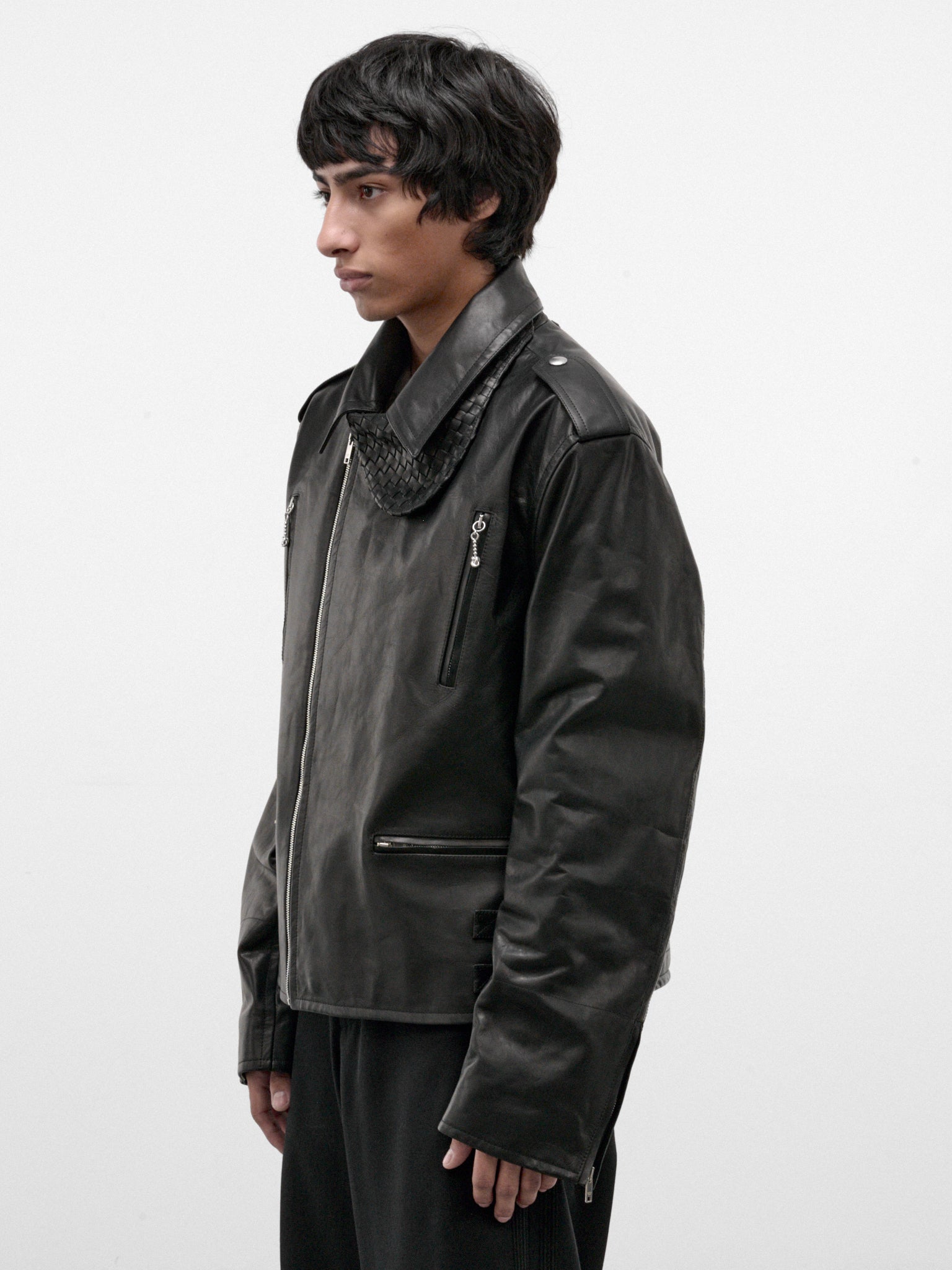 Black Leather Biker Jacket (871367V6LH0-1010-DOUBLE-BLACK)