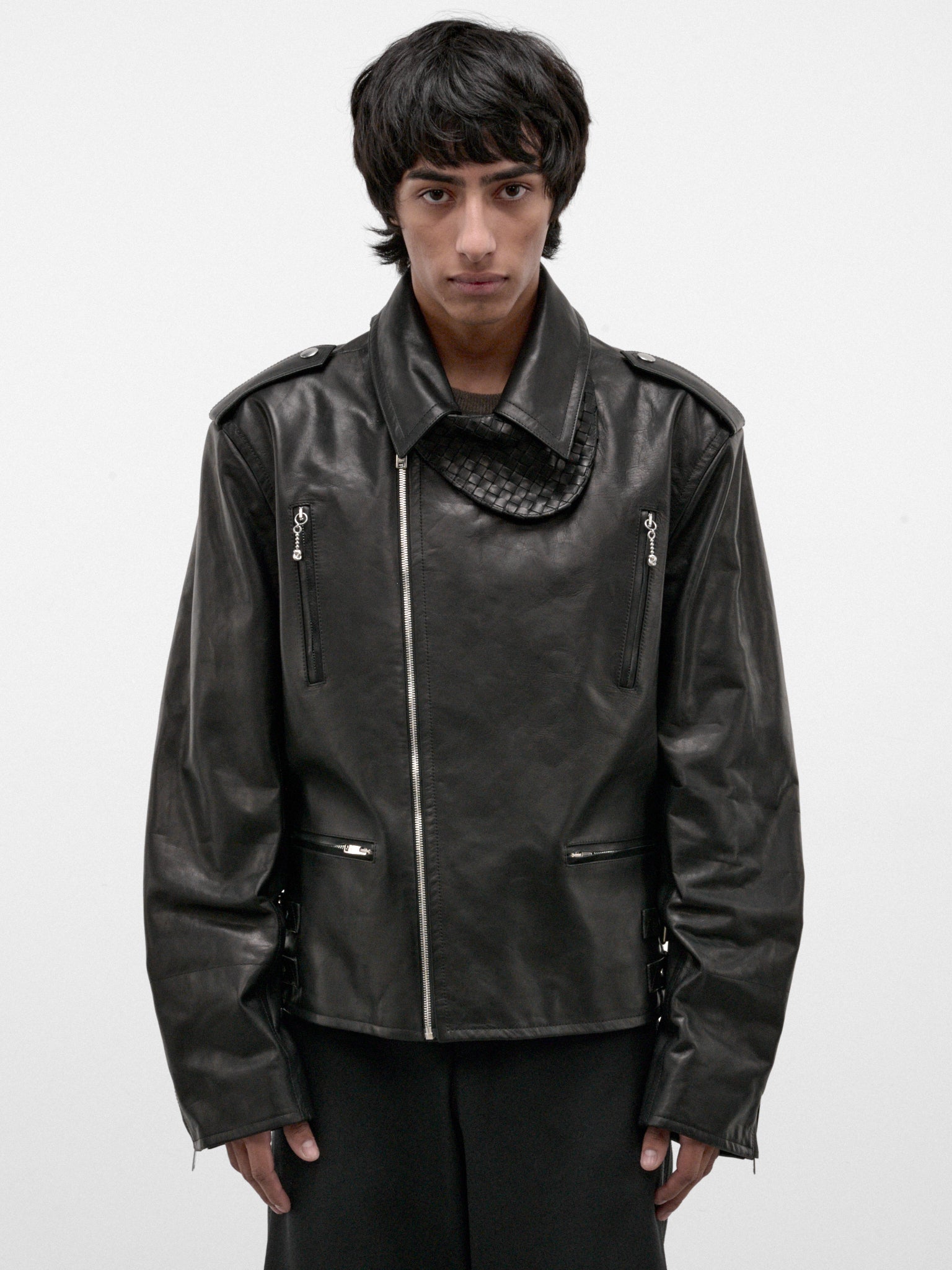 Black Leather Biker Jacket (871367V6LH0-1010-DOUBLE-BLACK)