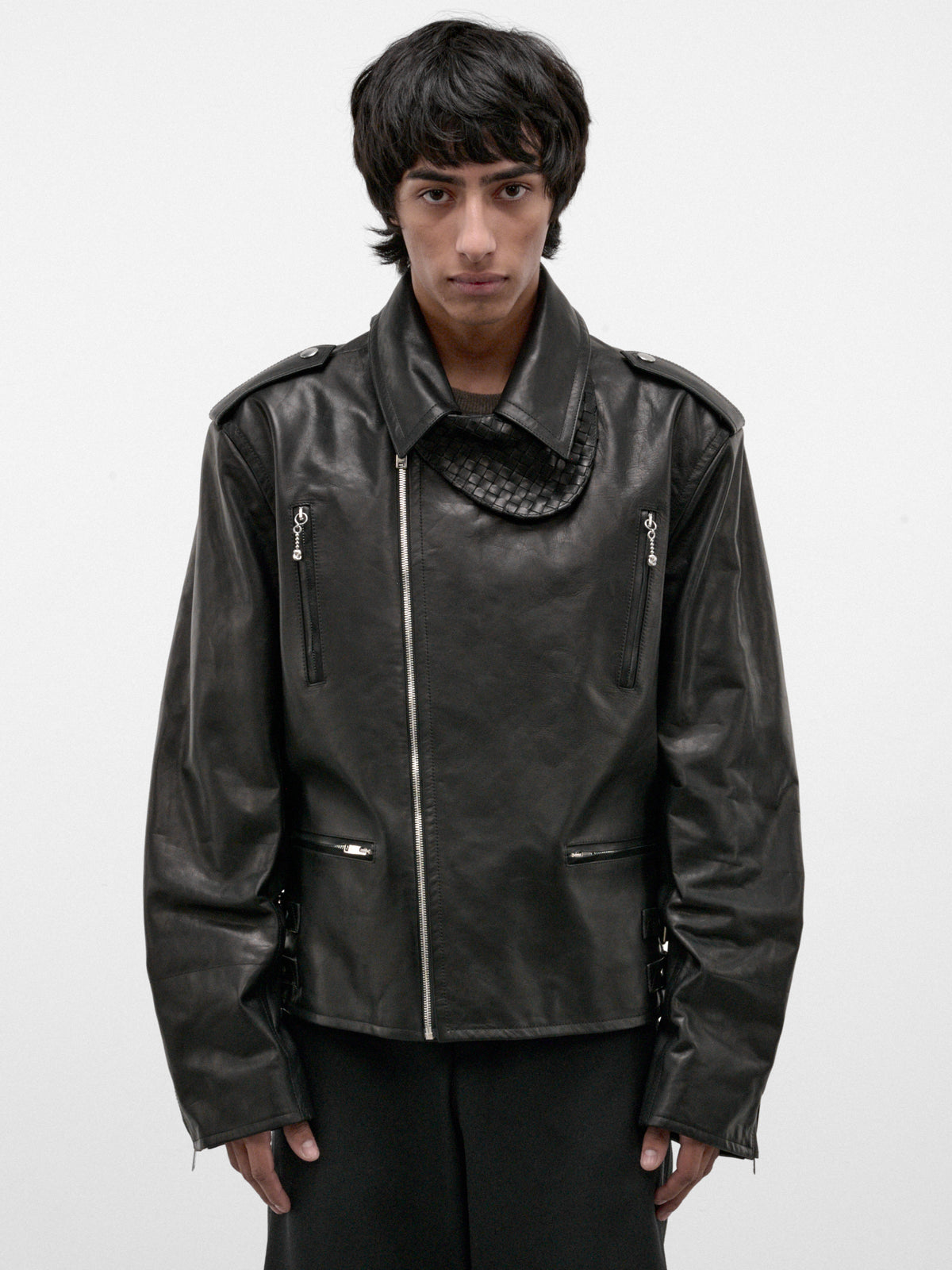 Black Leather Biker Jacket (871367V6LH0-1010-DOUBLE-BLACK)
