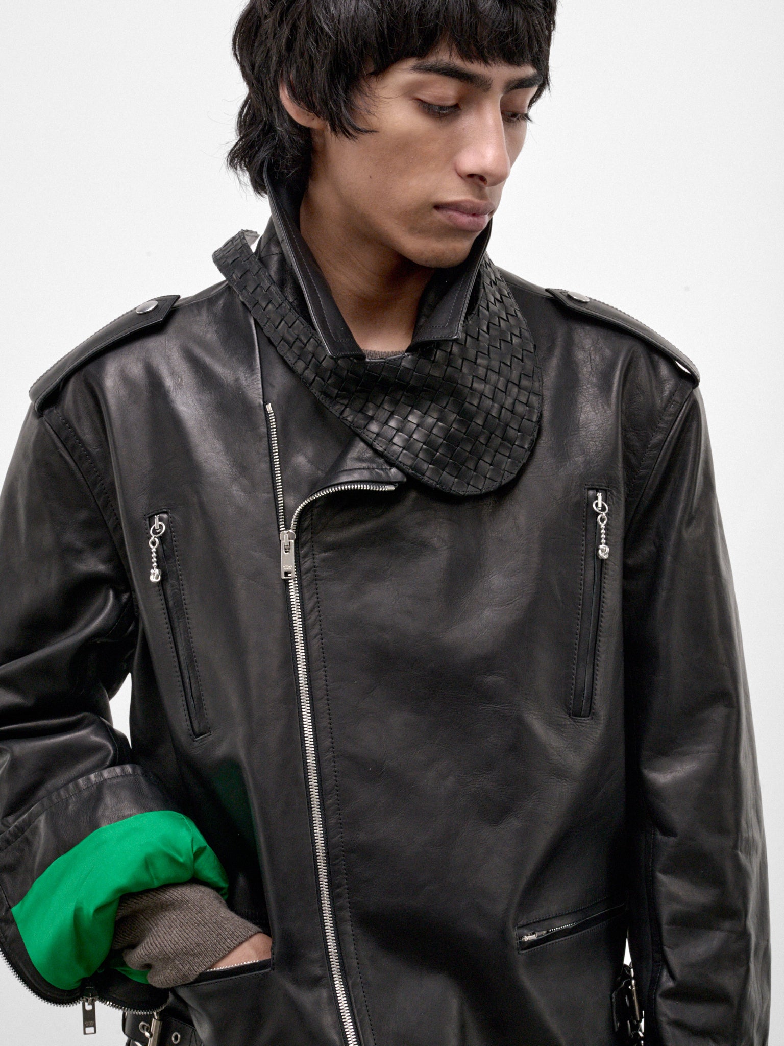 Black Leather Biker Jacket (871367V6LH0-1010-DOUBLE-BLACK)