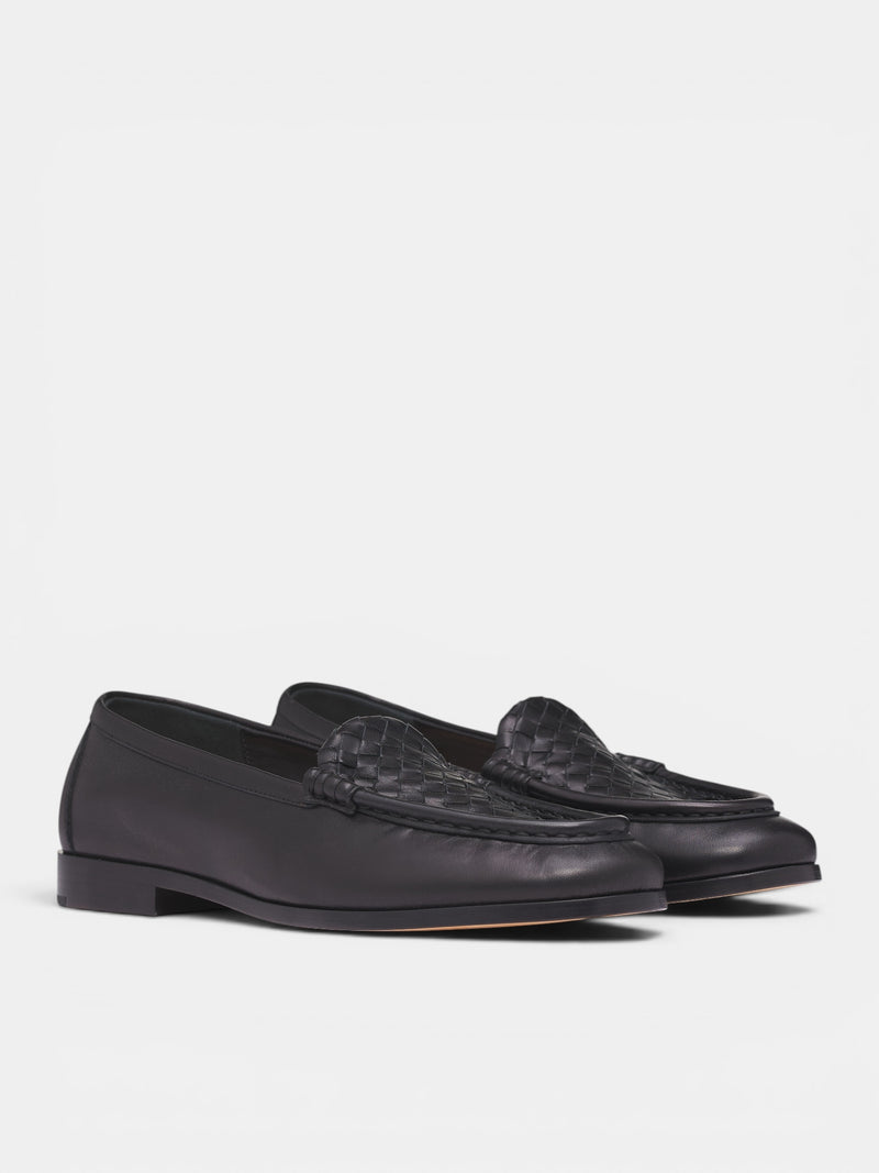 Black Leather Intrecciato Loafers (876082VBSDO-1000-BLACK)