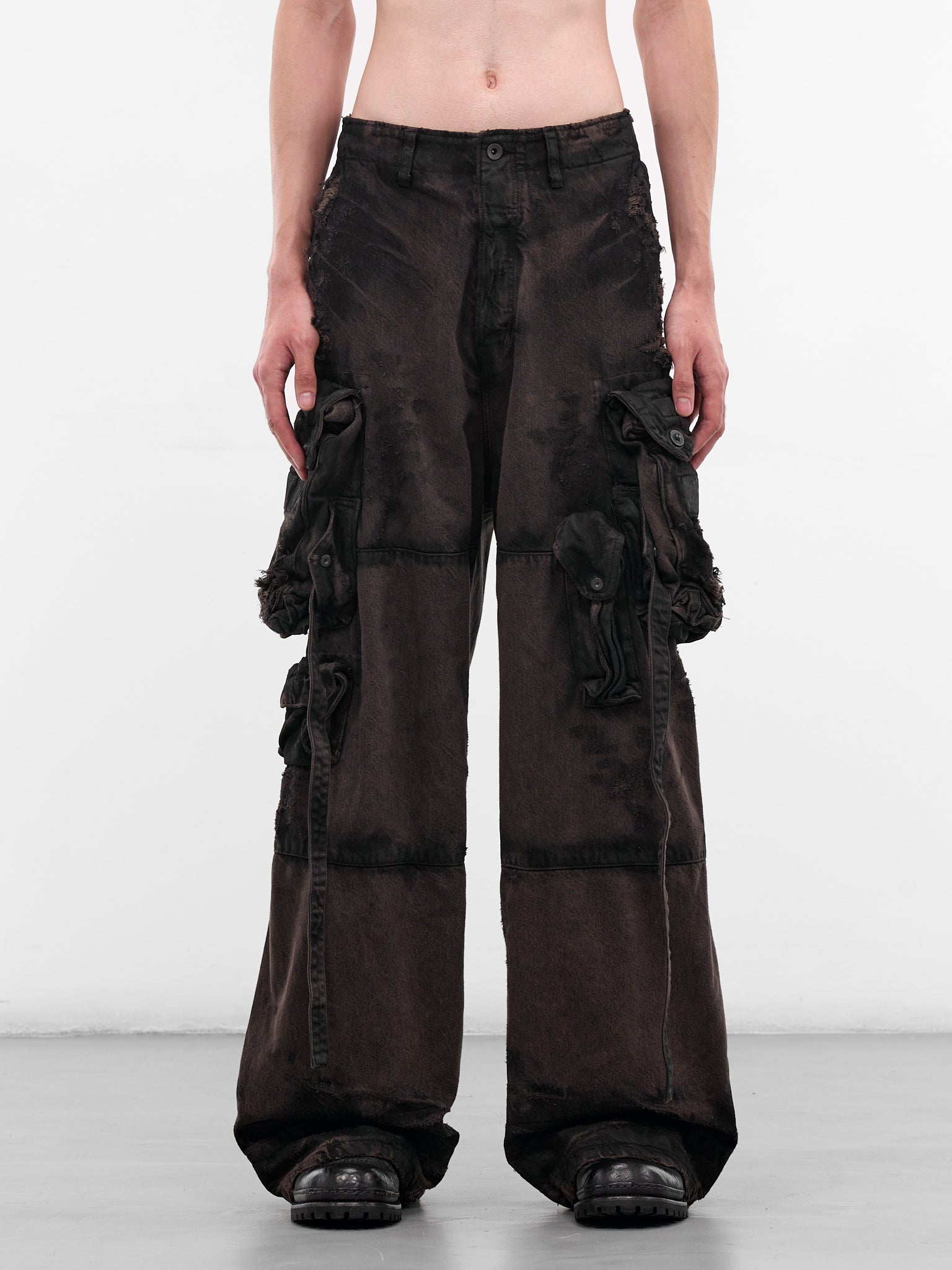 Brown Distressed Denim Cargo Pants (917PAM1-BW-DARK-BROWN)