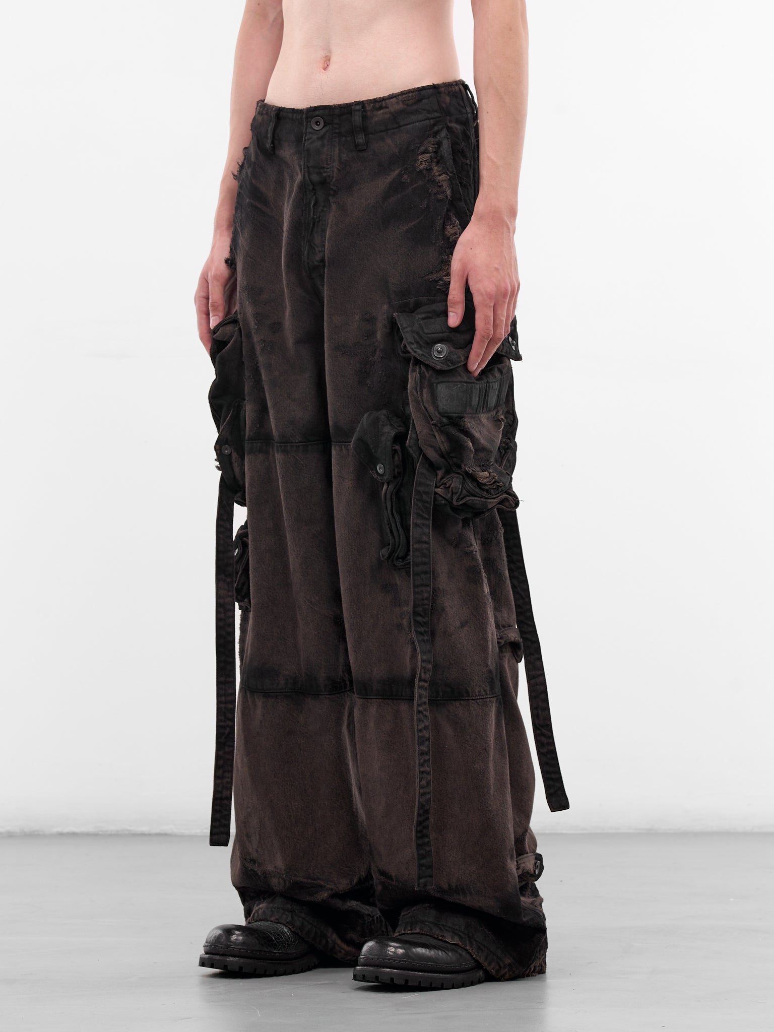 Brown Distressed Denim Cargo Pants (917PAM1-BW-DARK-BROWN)