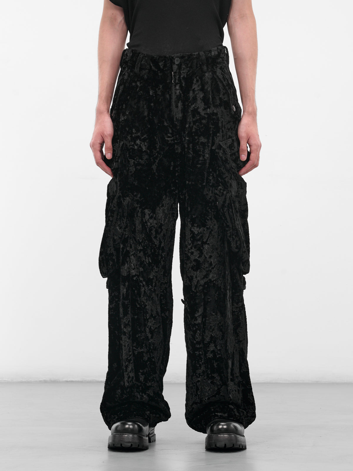 Black Crushed Velvet Cargo Pants (917PAM8-BLACK)