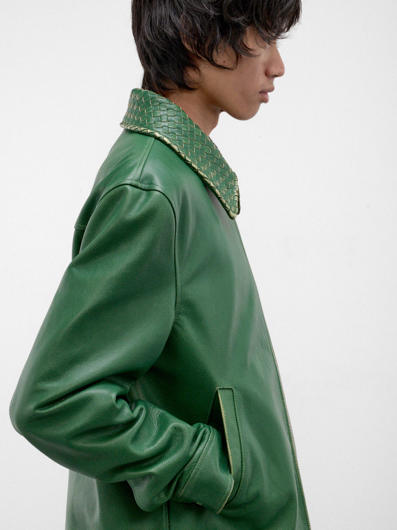 Green Leather Intrecciato Collar Jacket (A0046DV6M20-3086-MALACHITE)