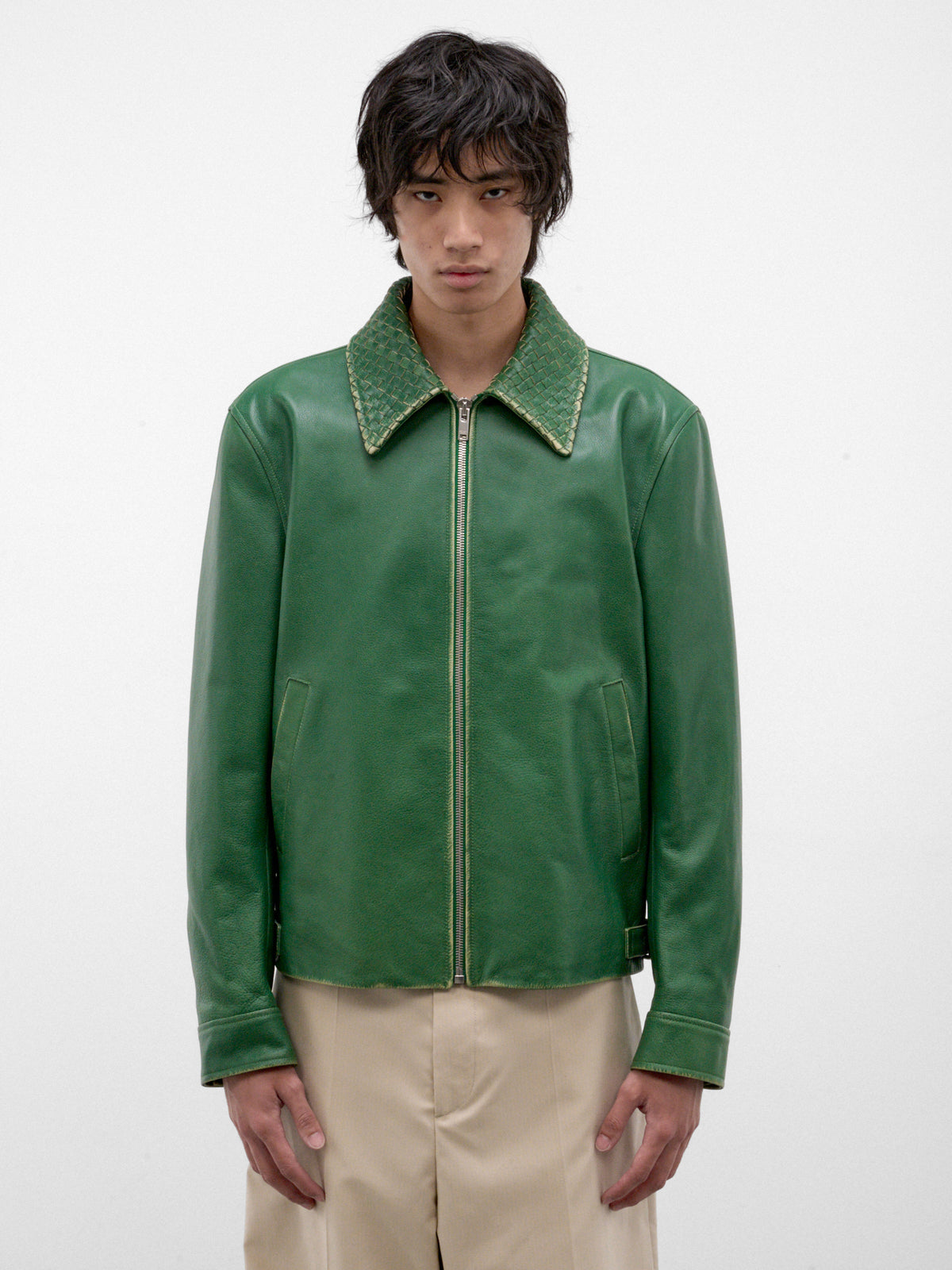 Green Leather Intrecciato Collar Jacket (A0046DV6M20-3086-MALACHITE)