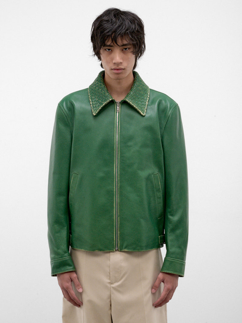 Green Leather Intrecciato Collar Jacket (A0046DV6M20-3086-MALACHITE)