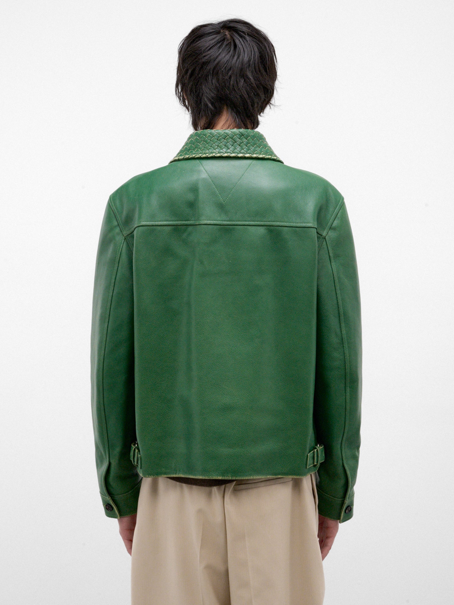 Green Leather Intrecciato Collar Jacket (A0046DV6M20-3086-MALACHITE)