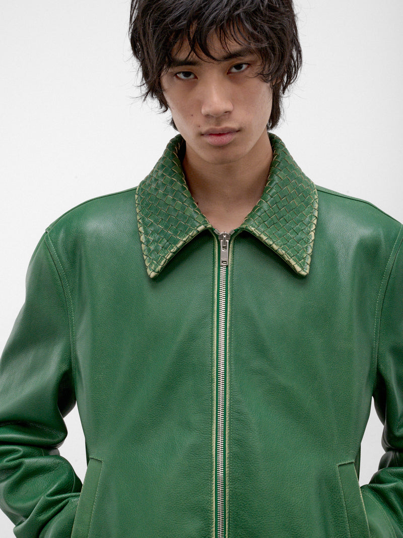 Green Leather Intrecciato Collar Jacket (A0046DV6M20-3086-MALACHITE)