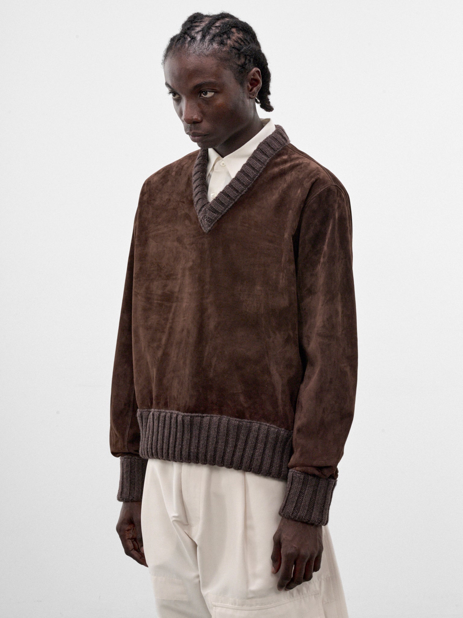 Chocolate Suede Leather V-Neck Sweater (A0048XV64Z0-8812-CHOCOLATE)