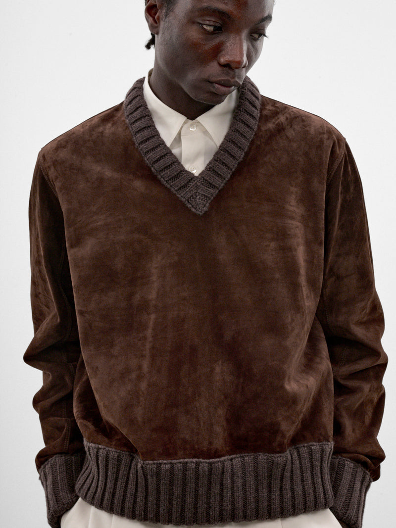 Chocolate Suede Leather V-Neck Sweater (A0048XV64Z0-8812-CHOCOLATE)