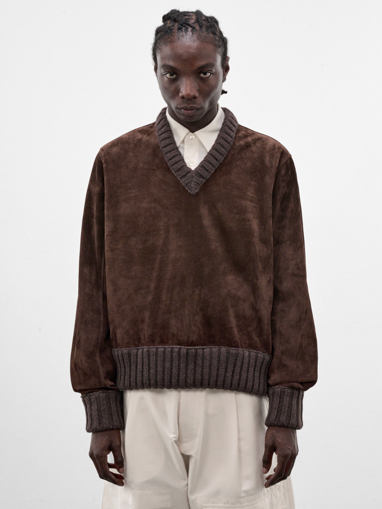 Chocolate Suede Leather V-Neck Sweater (A0048XV64Z0-8812-CHOCOLATE)
